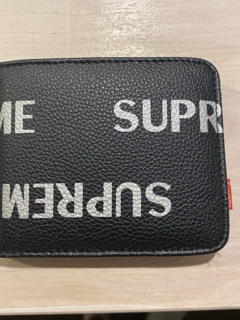 Supreme Black Leather Zip Card Holder with White Logo Print